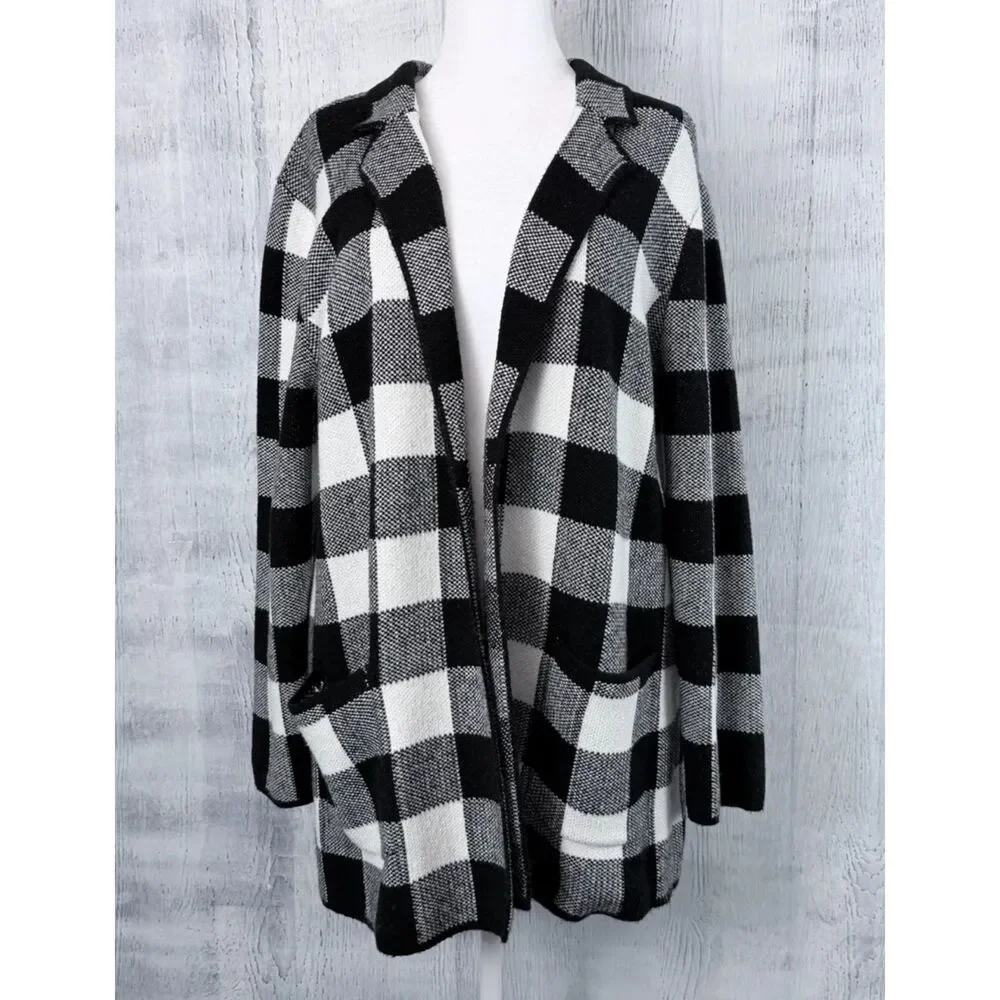 Talbots Black White Buffalo Plaid Open Cardigan Womens XL Knit Sweater w/Pockets
